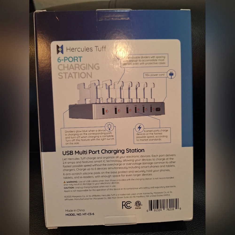 Hercules Tuff 6 Port Charging Station Apple Cable, Type C USB & Micro USB NEW
